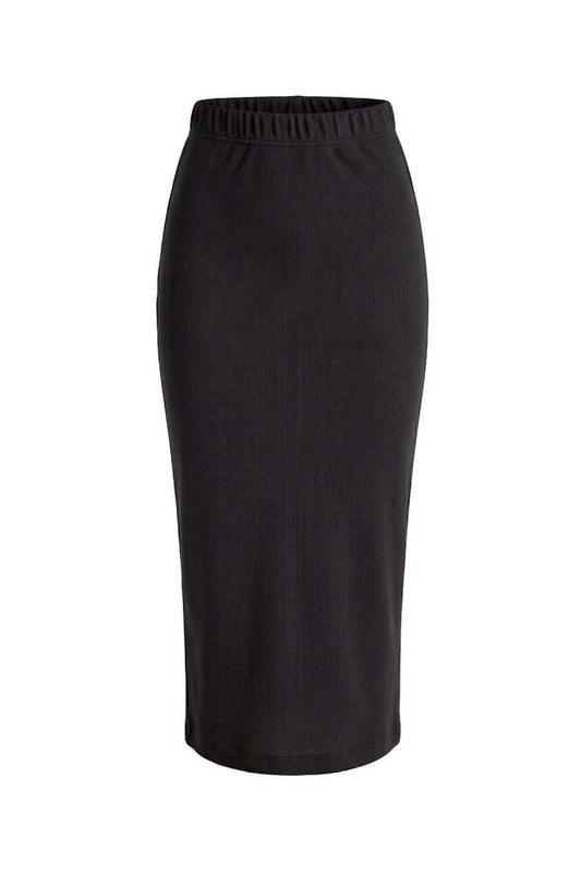 Black Organic Cotton Pencil Midi Skirt displayed on a white background, showcasing its sleek, fitted design.