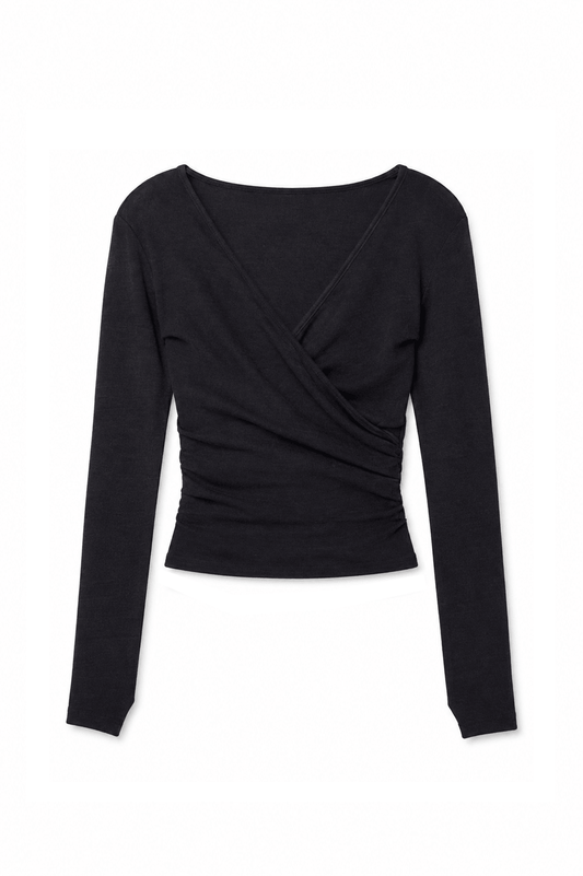 Black Wool Wrap Top with Thumb Holes - Online Exclusive, crafted from organic cotton and wool.