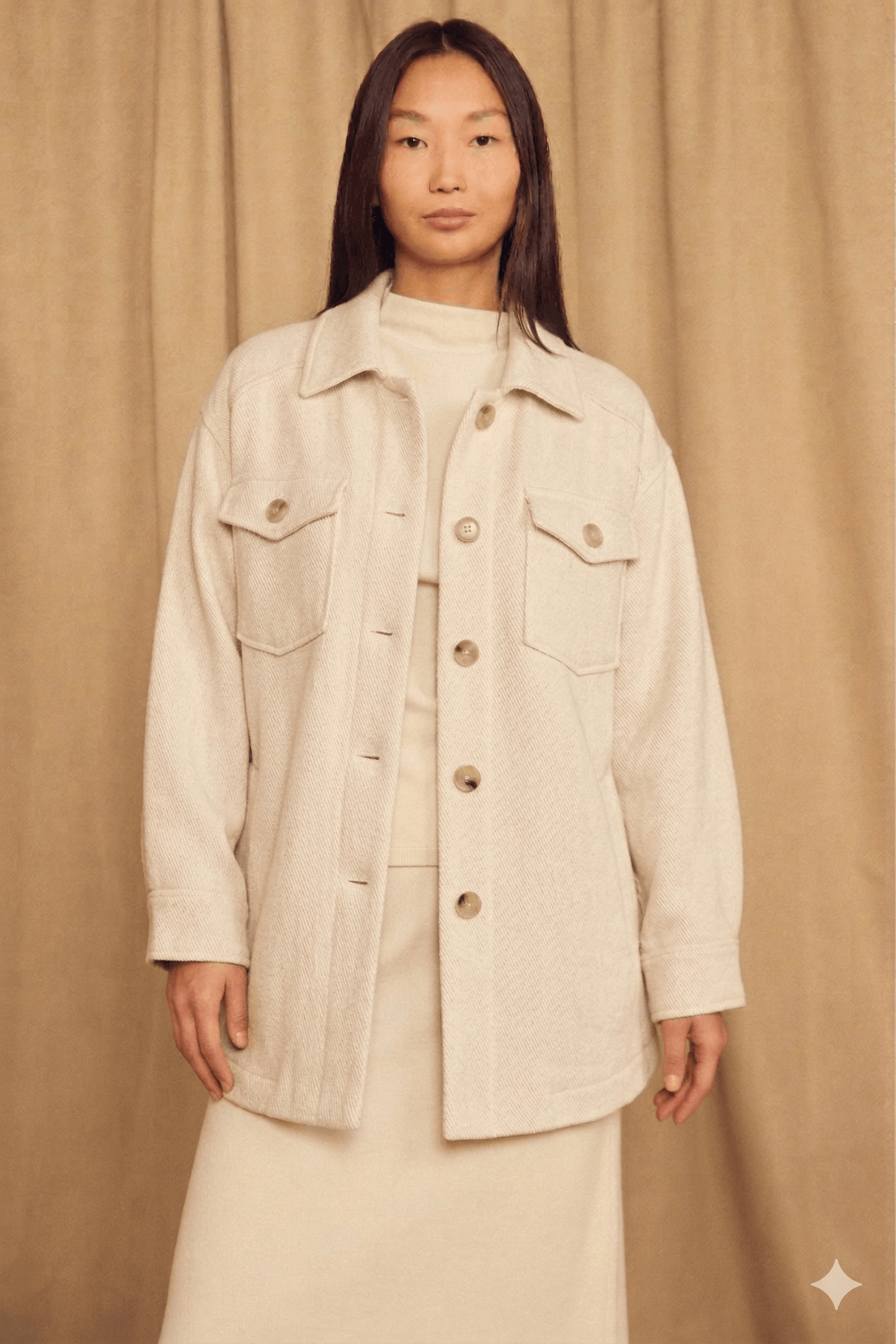Ecru Organic Cotton Shacket displayed on a model, featuring a relaxed silhouette and oversized design.