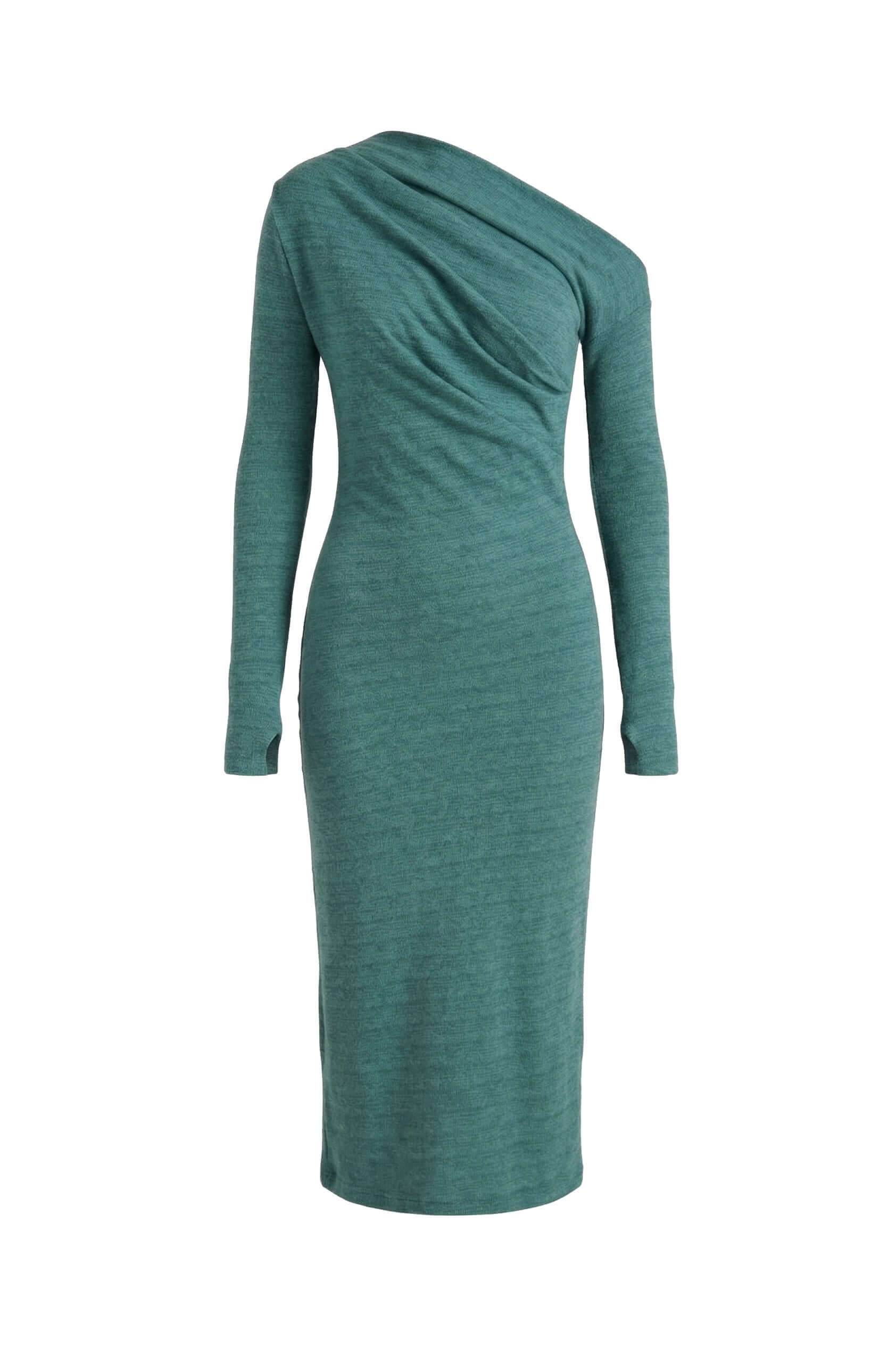 Teal Wool Drape Midi Dress showcasing elegant draped neckline and sleek fit, perfect for colder months.