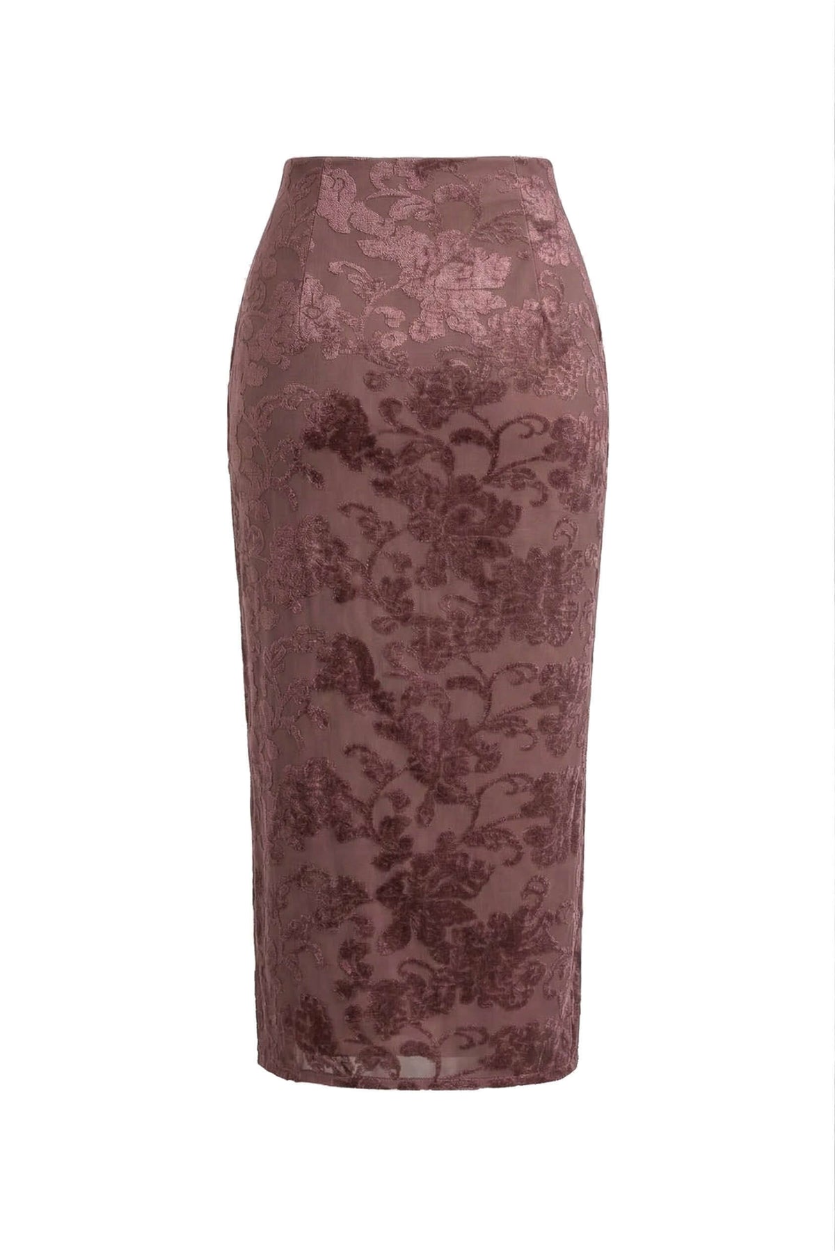 Cocoa Devoré Fitted Midi Skirt in a pencil silhouette with abstract devoré pattern, ideal for autumn-winter styling.