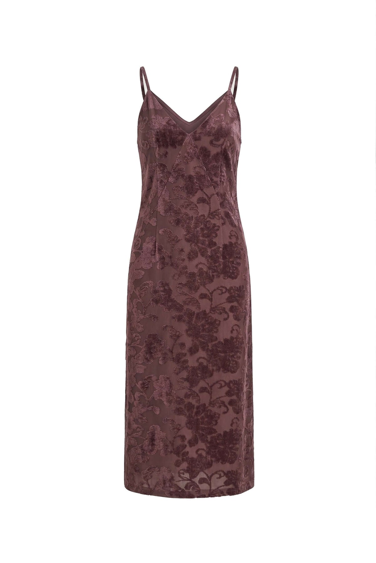 Cocoa Devoré Strappy Midi Slip Dress in rich brown with delicate straps and abstract devoré pattern.