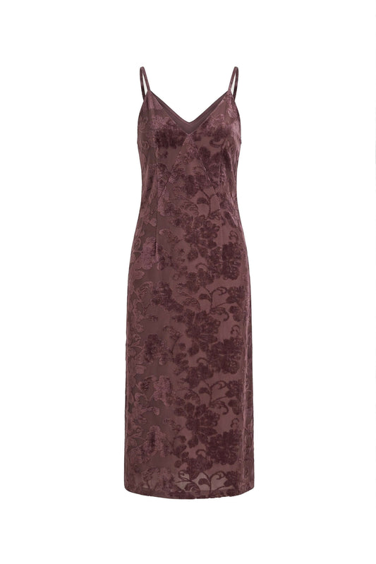 Cocoa Devoré Strappy Midi Slip Dress in rich brown with delicate straps and abstract devoré pattern.