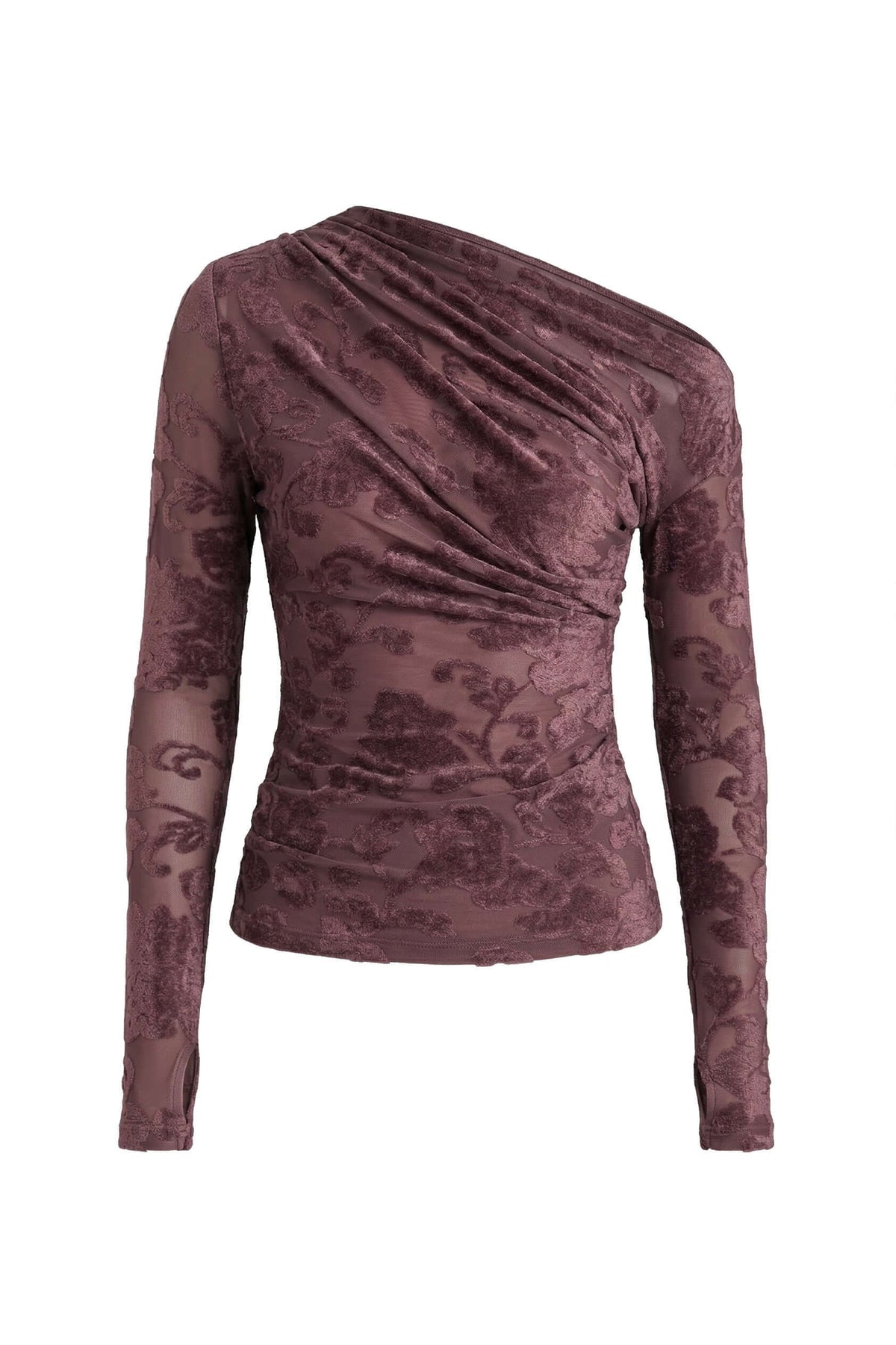Cocoa Devoré Drape Top in burgundy with fluid draping and abstract devoré pattern on lightweight mesh jersey.