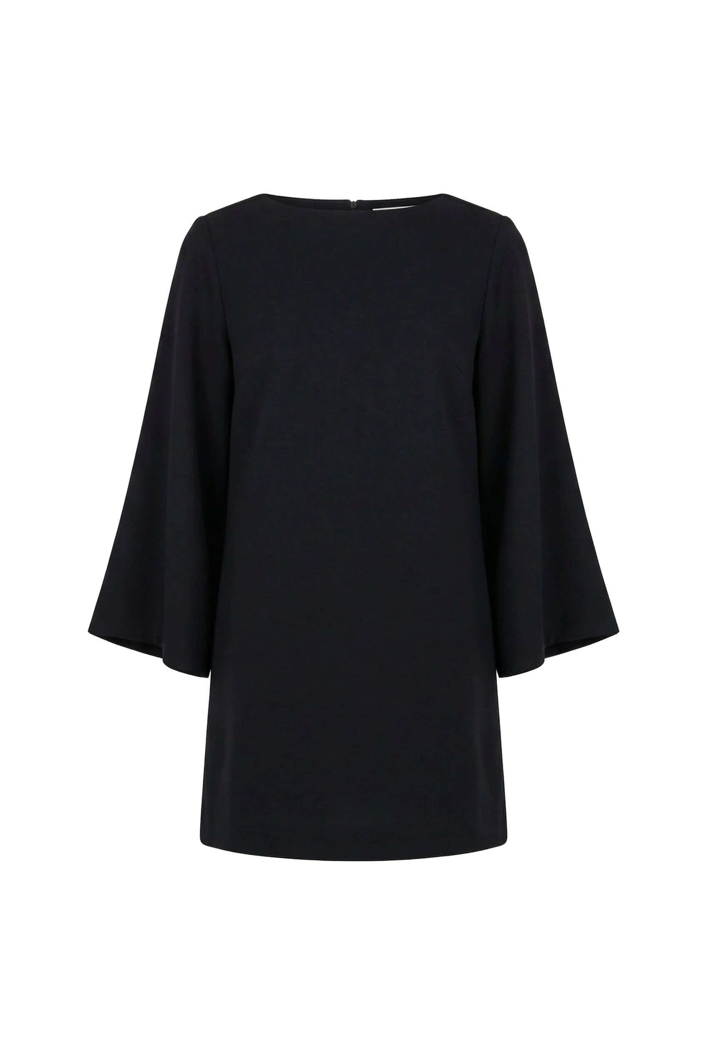 Black Organic Cotton Mini Dress with Flared Sleeves featuring a minimalist design and flared sleeves in heavyweight fabric.
