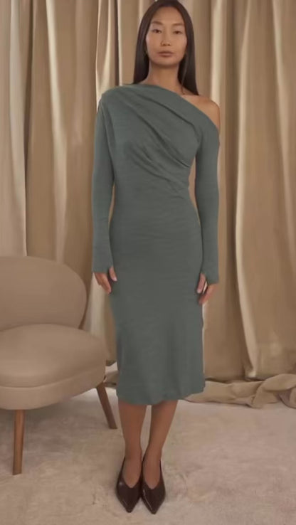 Teal Wool Drape Midi Dress